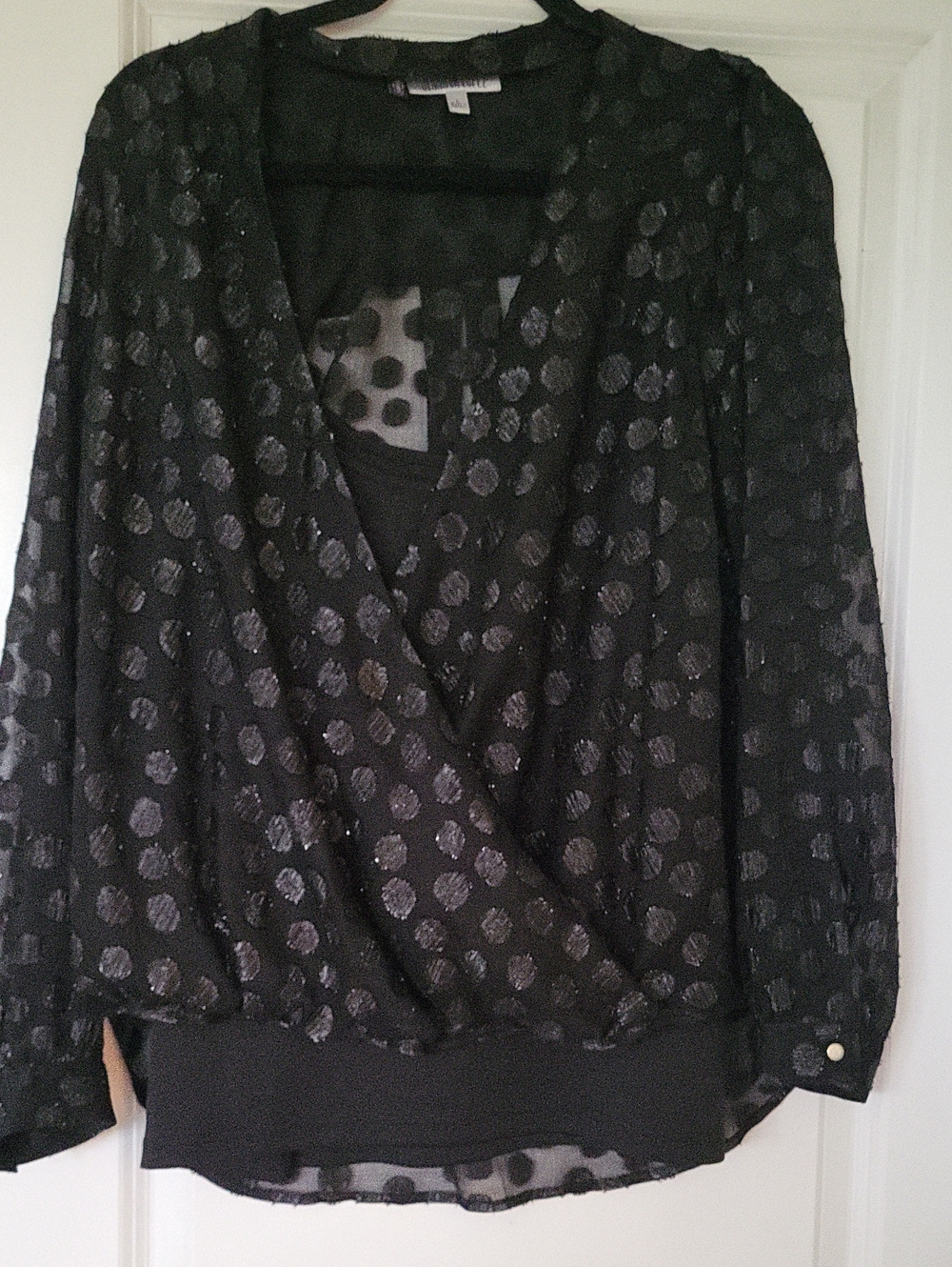 Jennifer Lopez Black Sheer Dot-Print Wrap Blouse